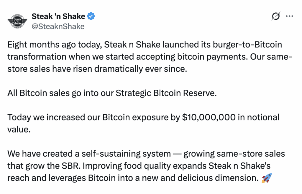 Steak ’n Shake Adds $10 Million in Bitcoin to Corporate Treasury 1 스테이크 앤 쉐이크, 기업 재무에 비트코인 1천만 달러 추가 2
