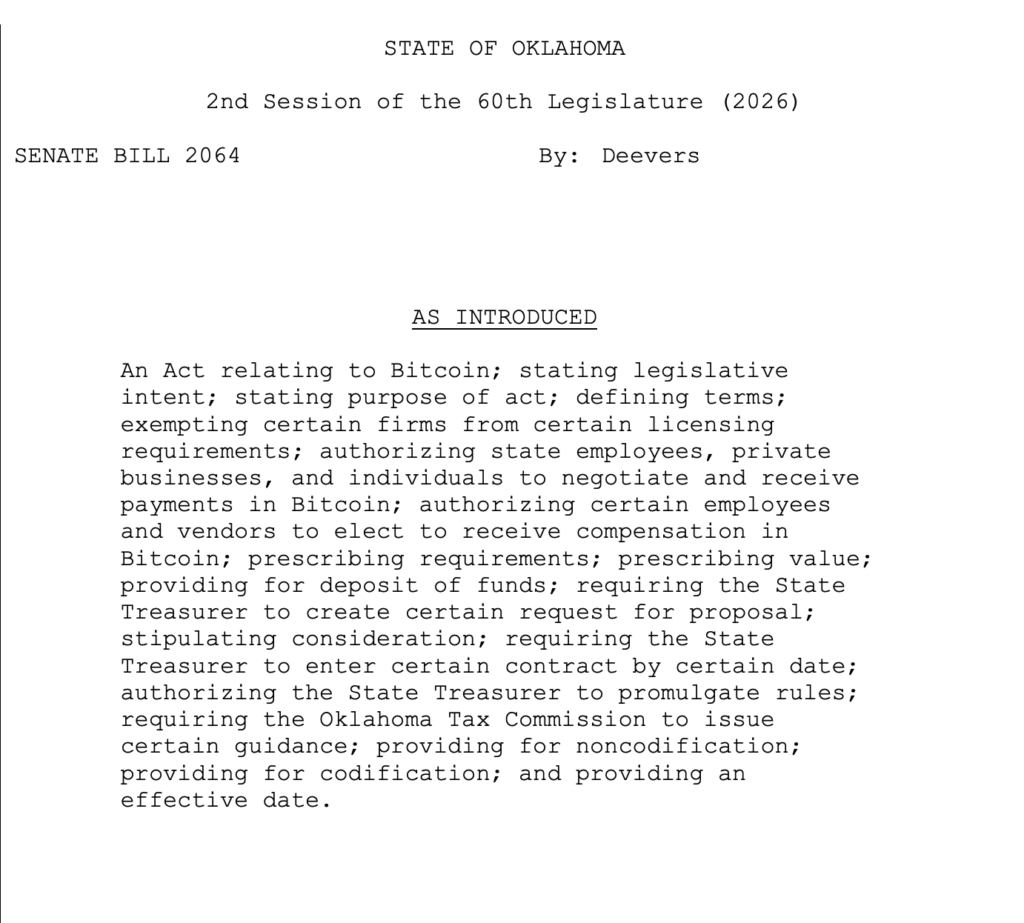 Oklahoma Introduces Bill Allowing State Employees and Vendors to Be Paid in Bitcoin 1 오클라호마, 주 직원 및 공급업체가 비트코인으로 지급받을 수 있도록 하는 법안 도입 2